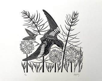 Housemartin Linocut Print, Limited Edition Black and White Art