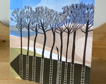 Blank Greeting Card 'Otter Trees' Original Linocut & Woodcut Design Digital Print Card Neutral Colours