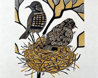 Fledgling Linocut Print, Two Birds in Nest, Beige and Black