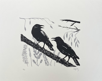 Two Crows Screenprint, Limited Edition Corvid Art