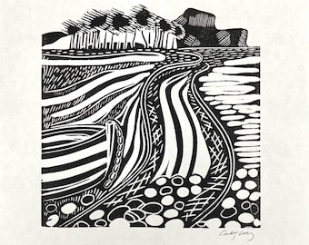 Budleigh Beach Linocut Small Black and White Print.  Otterhead Trees View with Pebbly Beach