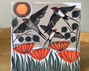 Migration Autumn Linocut: Bird Print Greeting Card (Recycled Matt)