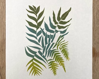 Fern Foliage Nature Linocut Monoprint in Greens Plant Print.