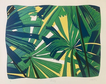 Canopy Linocut Trees Palms Bright Vibrant Green Yellow Leaves