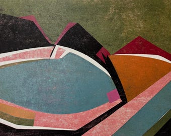 Blue Lagoon Abstract Contemporary Woodcut Print With Orange Green Pink and Black Colours
