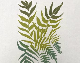 Fern Foliage Nature Linocut Monoprint in Greens. Plant Print.