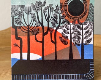 Printed Linocut Greeting Card : 'Through the Woods' Design, Recycled Paper