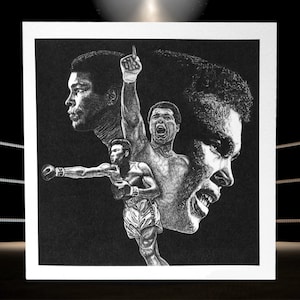 Einzigartige handgezeichnete Grußkarte: Schwarzweiße Original-Kunstdrucke - Muhammad Ali. Perfekt für Weihnachten, Geburtstage und Feiertage