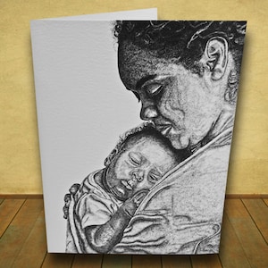 Einzigartige handgezeichnete Grußkarte: Schwarzweiße Original-Kunstdrucke - Mutter und Baby. Perfekt für Weihnachten, Geburtstage und Feiertage