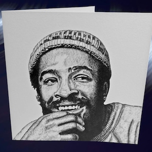 Carte de vœux unique dessinée à la main : tirages d'art originaux en noir et blanc - Chanteur Marvin Gaye. Parfait pour Noël, les anniversaires et les vacances