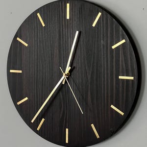 Large Ebony Brass Handmade Wall Clock – Silent Quartz Movement Solid Hardwood Minimalist Contemporary Home Decor