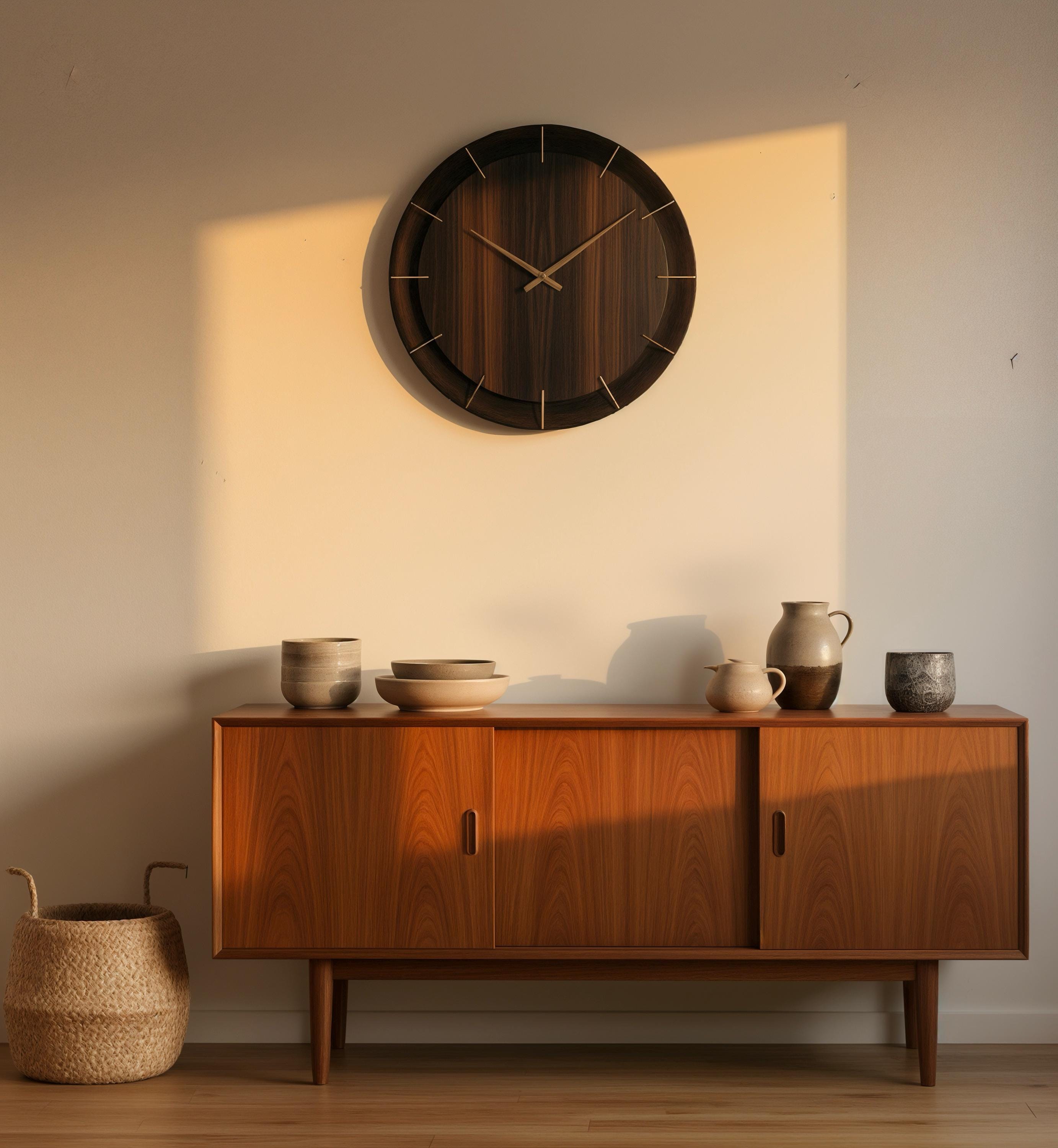 Walnut Brass Wall Clock – Handmade Silent Quartz Movement Mid