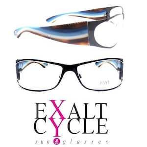 May include: Black-framed spectacles with clear lenses and temples featuring a wavy pattern of blue, white, and brown. The right lens has the text EXALT CYCLE printed on it. Below the glasses, the text EXALT CYCLE sun & glasses is displayed.