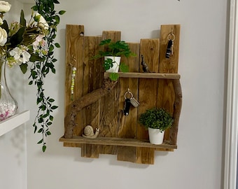 Rustic Handcrafted Decorative Shelf with 3 Key Hangers