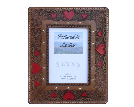 3-1/2x5 Leather picture frame, medium brown, hand painted red hearts, embossed heart design. Wedding frame, anniversary frame, ready to ship