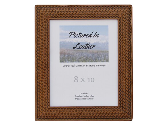 8x10 Leather picture frame, with a basketweave design, dyed light brown, 8x10 leather photo frame, 8x10 photo frame