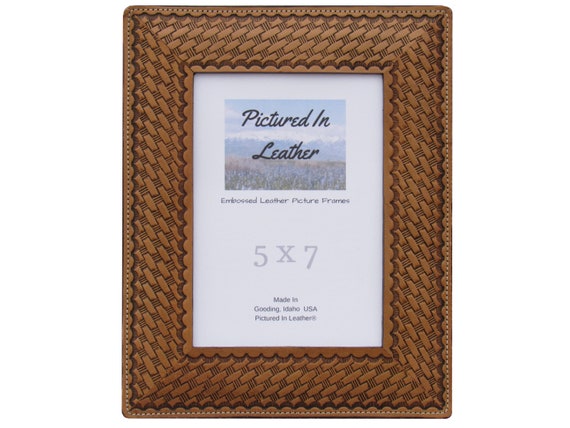 5x7 Leather picture frame, 5x7 leather photo frame, embossed with a basketweave design, dyed light brown, beautiful Mothers Day gift for mom