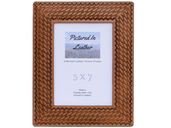 5x7 Leather photo frame, embossed with a basketweave design, dyed a tan or cognac brown, great leather anniversary gift, ready to ship