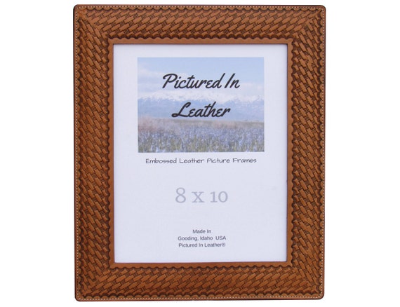 8x10 Leather picture frame, with a basketweave design, dyed light brown, 8x10 leather photo frame, 8x10 anniversary picture frame