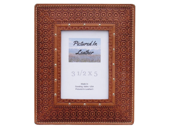 Leather picture frame, 3-1/2x5, leather photo frame, embossed picture frame with a circles design. Western photo frame, rustic photo frame