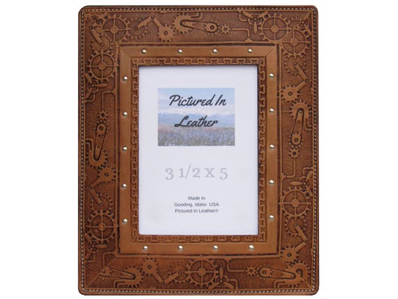 Leather photo frame, 3-1/2x5, light brown, embossed steampunk design. Steampunk picture frame, steampunk decor or gift ready to ship.
