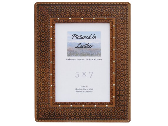 5x7 Leather picture frame, light brown, embossed with a beautiful circles design, unique leather photo frame!