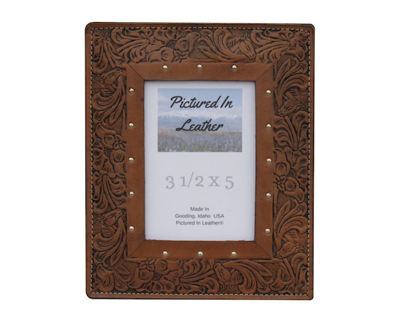 3-1/2x5 Leather picture frame, leather photo frame, brown western picture frame, rustic photo frame, embossed horse and floral photo frame