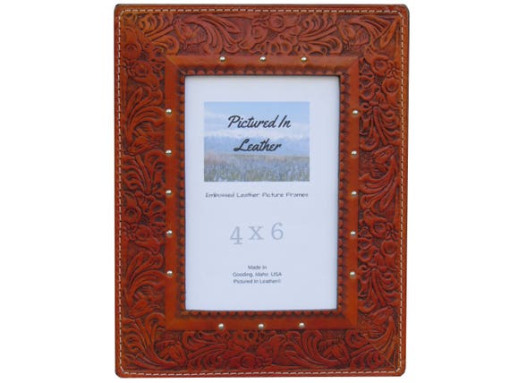4x6 Leather picture frame, saddle tan, embossed horse and floral design. Rustic picture frame, western picture frame, ready to ship.