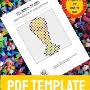 May include: A white paper PDF template featuring a pixel art design of the FIFA World Cup 2026 trophy. The document includes the text FIFA WORLD CUP 2026, a circular red badge stating INCLUDED IN THE COUNTRY PACK, and instructions for printing.