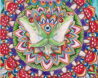Impressão artística de mandala de sapo trippy arte psicodélica impressão de mandala cogumelos