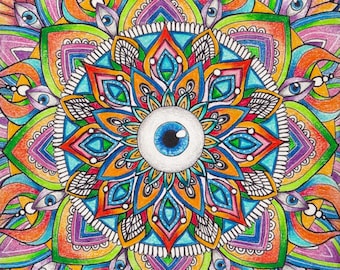 目の曼荼羅アートプリント 手作りの絵プリント サイケデリックアート