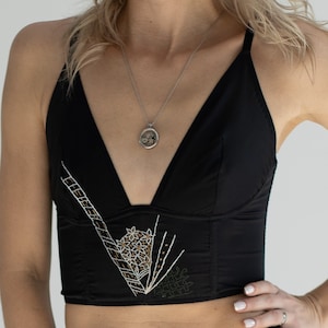 Black Longline Embroidered Bra – Handmade Geometric Satin Lingerie Top – Artistic Designer Bra by MarevoLingerie