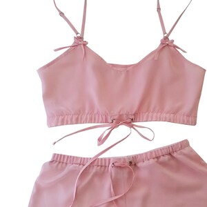 Wedding day lingerie, Pink bridal lingerie set for bride, Silk lingerie set for wedding night with silk crop top and silk shorts