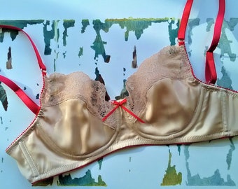 White Silk Bra with Red Strappy Agnes, Handmade Luxury Lingerie for Women by MarevoLingerie