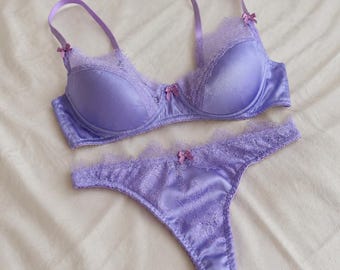 Lavender Satin Lingerie Set – Handmade Lilac Push-Up Bra and Thong Set