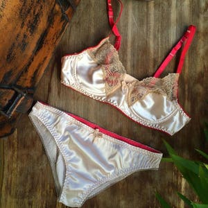 Agnes silk lingerie set, Silk bra and silk thong with red straps