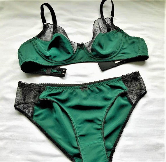 Buy Emerald Silk Lingerie Set, Silk Satin Bra and Panties in Green