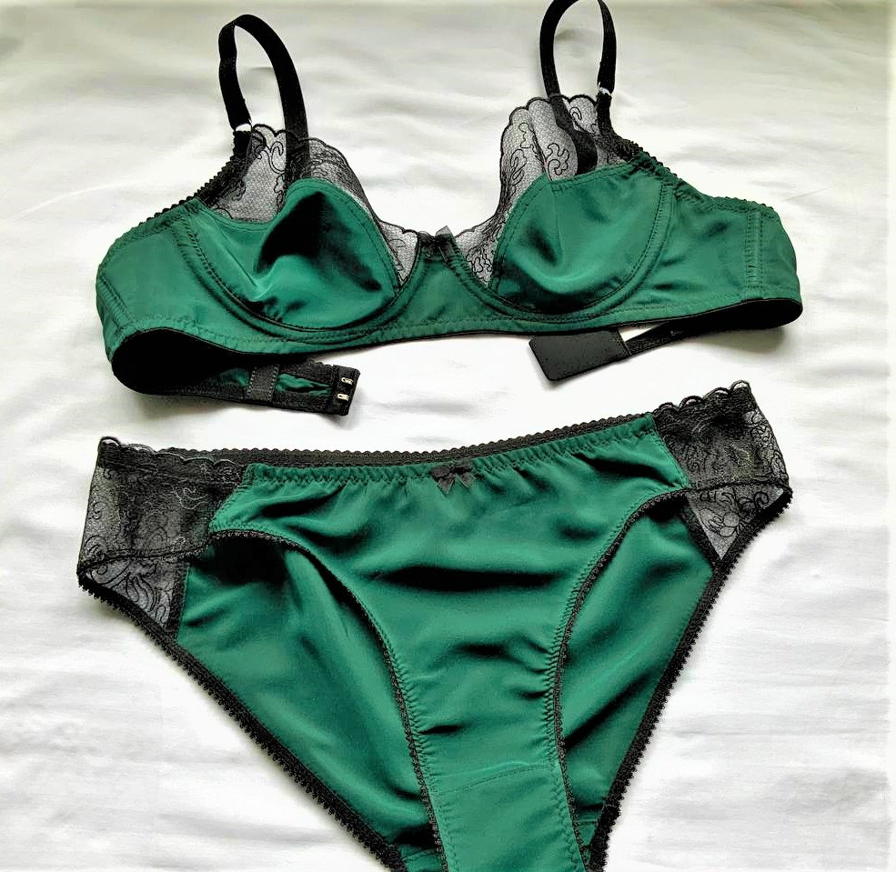 Emerald Silk Lingerie Set, Silk Satin Bra and Panties in Green