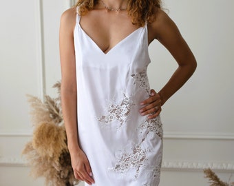 Bridal Satin Nightgown with Lace, Wedding Night Slip Dress, Luxury Bridal Sleep Lingerie