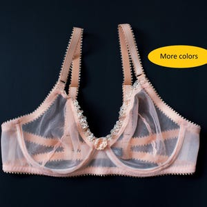 May include: A delicate pink lace bra with adjustable straps. The bra has a sheer mesh design with horizontal stripes and a scalloped edge.