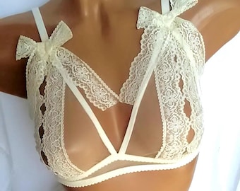 Braut-BH aus elfenbeinfarbener Spitze, transparente Hochzeitsdessous mit Schleifen