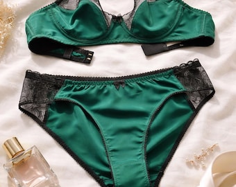 Conjunto de lencería verde esmeralda, lencería de seda pura, lencería de encaje satinado, lencería nupcial.