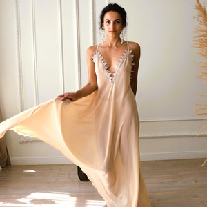 Bridal Silk Nightgown for Women-Handmade Lingerie, Lace - Trimmed Satin Slip Dress, Luxury Bridal Sleepwear