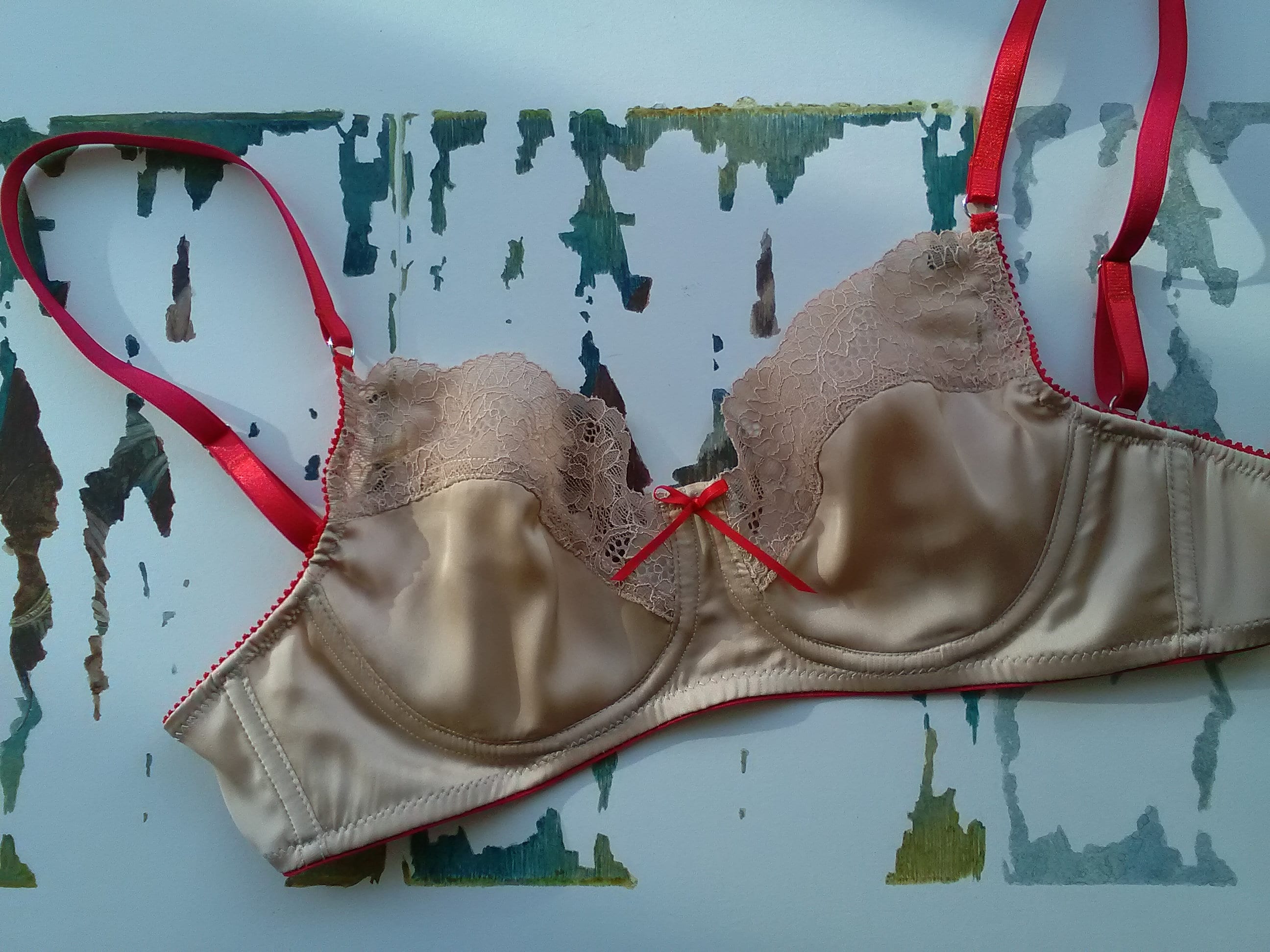 Agnes Silk Lingerie Set, Peach Luxury Lingerie, Intimate Lingerie, Silk Bra  and Silk Thong With Red Straps 