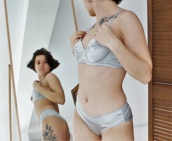 Satin Underwear, Satin Grey Bra and Brazil Panties, Intimates