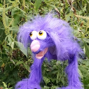 May include: A whimsical purple puppet with large, googly eyes, a pink nose and mouth, and black feet. The puppet is made of fluffy material and is suspended against a backdrop of green foliage.
