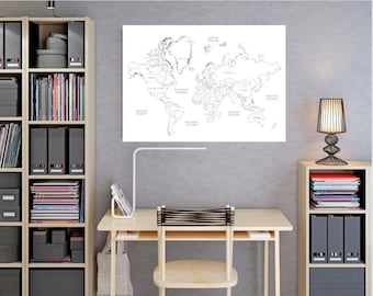 Affiche d’impression de carte du monde en noir et blanc pour la coloration, affiche d’art de mur de carte du monde pour la décoration de bureau à la maison