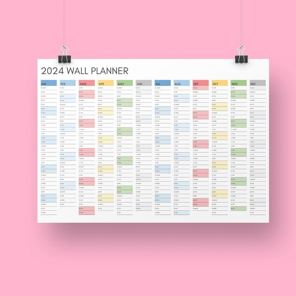 2024 Wall Calendar Multicoloured, Annual Yearly Wall Planner in A1, A2 and A3 sizes