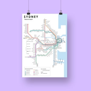 Póster impreso con el mapa de trenes de Sídney con las nuevas líneas de metro actualizadas de South West y Western Airport y las últimas estaciones