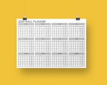 2024 Printable Wall Planner in black, Large Digital Wall Calendar, Students and Office Planner for instant download